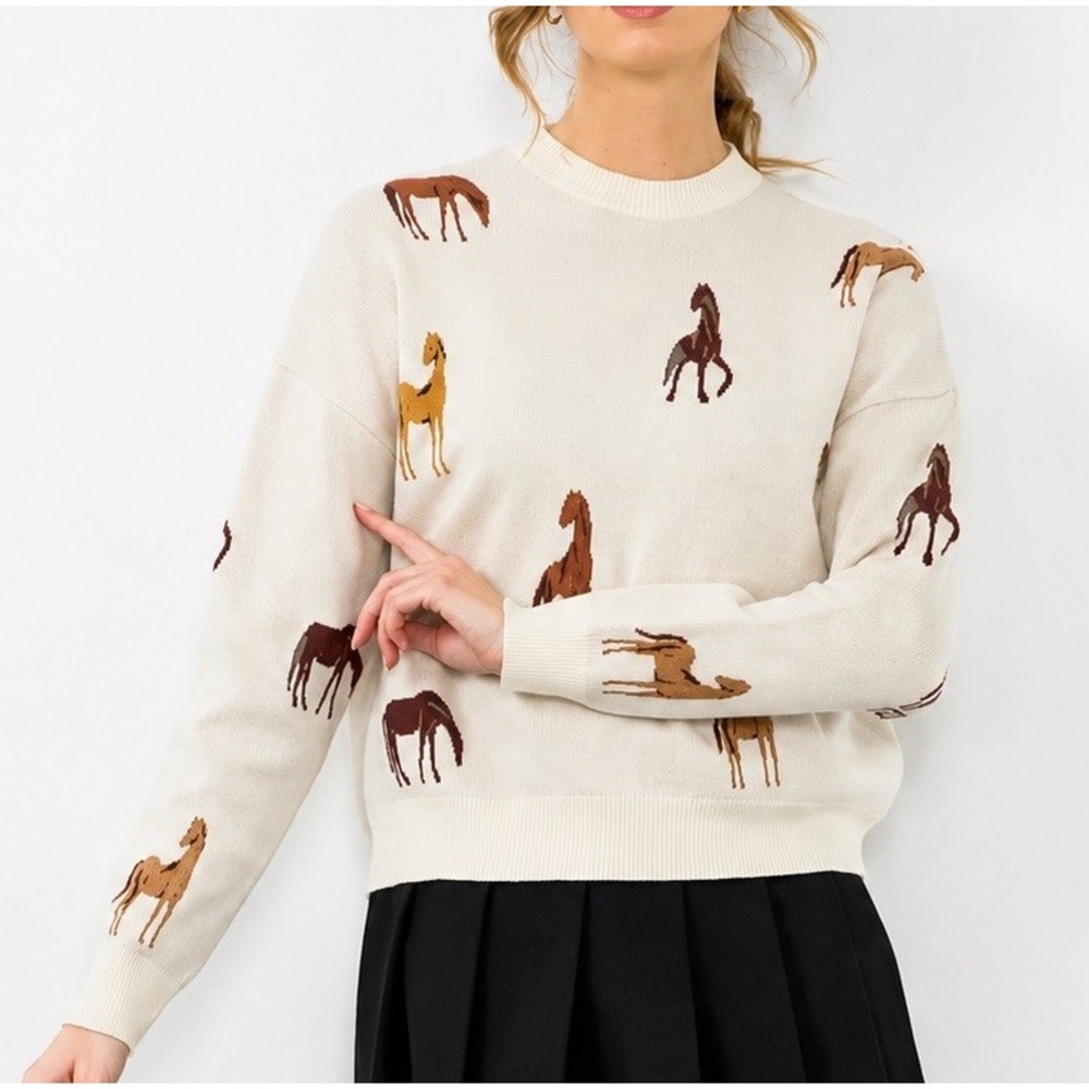 THML Horse Print Knit Sweater Womens M Crop Equestrian Western Cottagecore